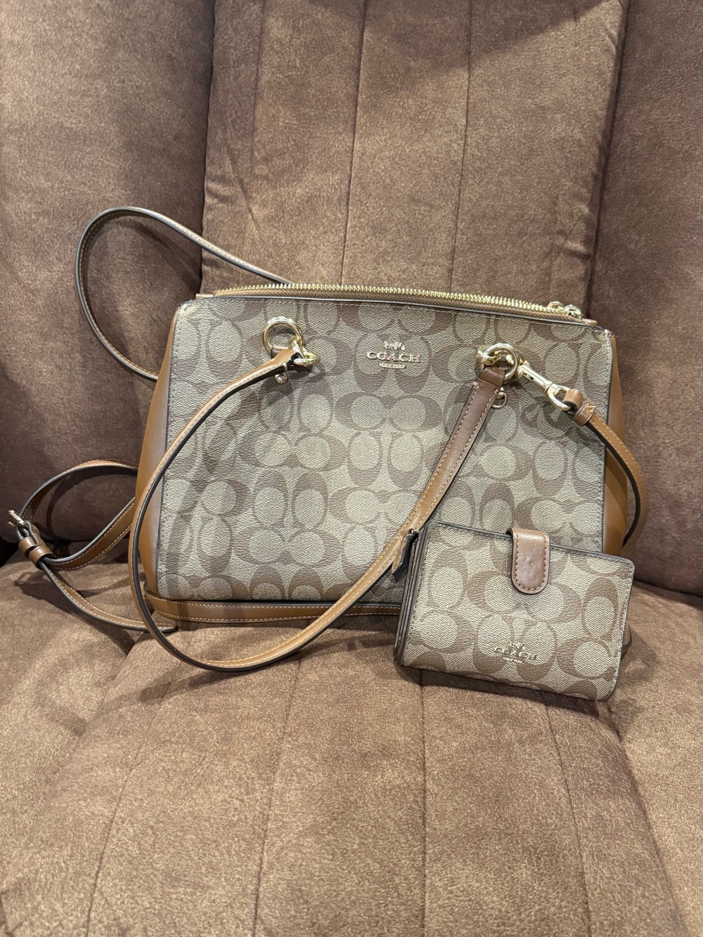 Coach Signature Canvas Etta Carryall in Brown with matching wallet